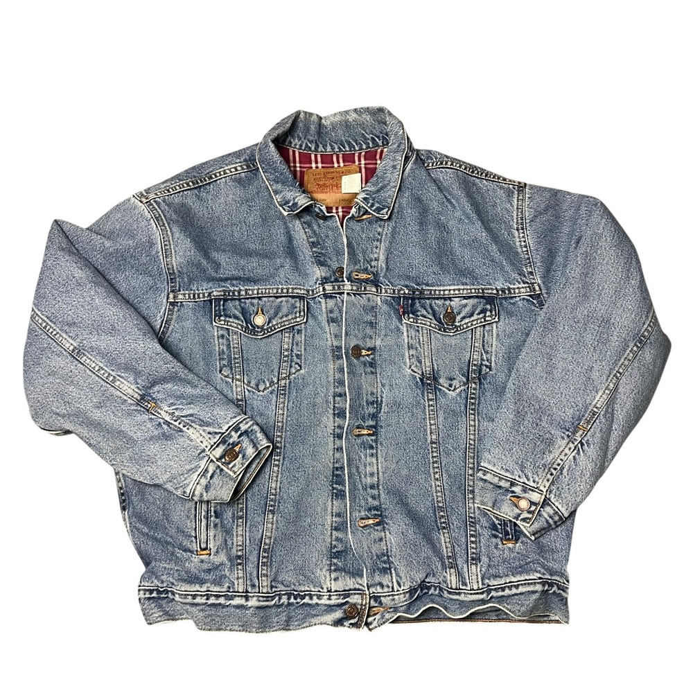 Levis 70614 0389 Denim Trucker Jacket Mens Large Light Wash Flannel Lined Blue